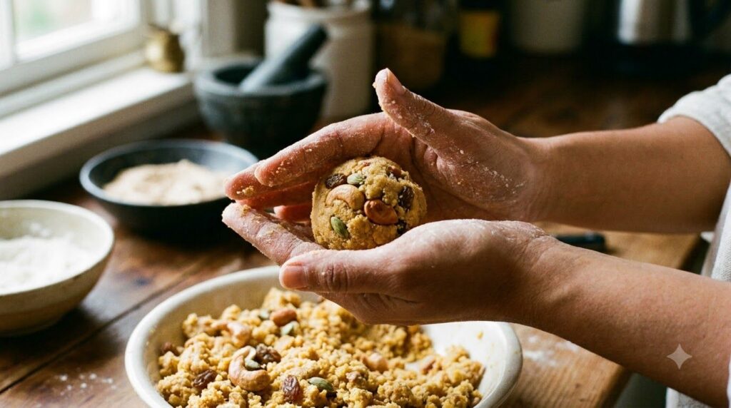 Hands shaping the warm laddu mixture into perfectly round balls The mixture appears rich with nuts and seeds