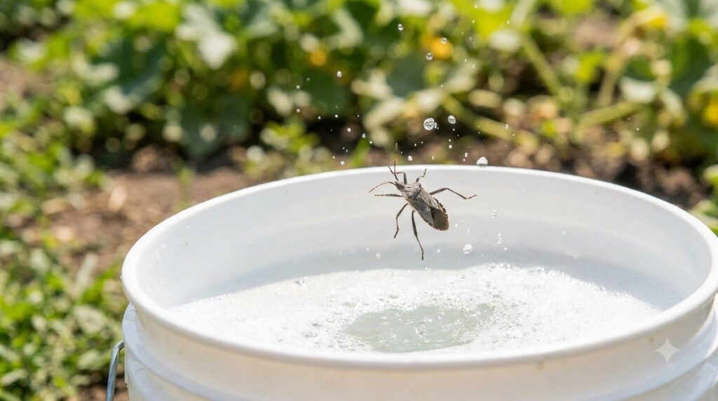 An adult squash bug being dropped into a small bucket filled with soapy water showing the pest drowning
