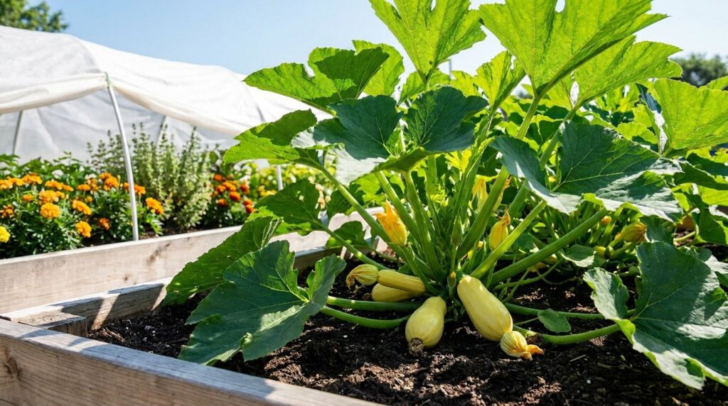 A healthy thriving squash plant with large green leaves possibly with a floating row cover in the background or companio
