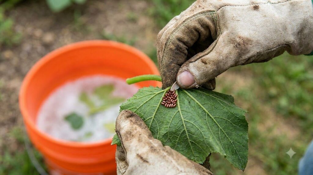 A gloved hand carefully scraping squash bug eggs off the underside of a green leaf into a bucket of soapy water