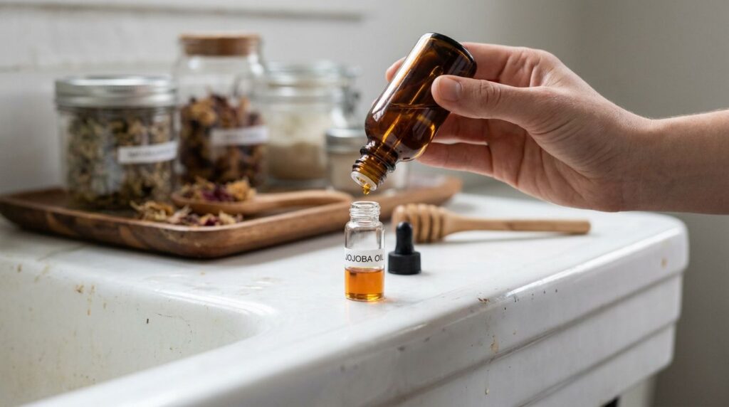 Close-up of a hand dropping frankincense essential oil into a small bottle of jojoba oil with other skincare items blurr