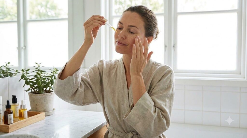 A woman gently massaging the DIY Botox Drops onto her face focusing on areas with fine lines with a soft natural express