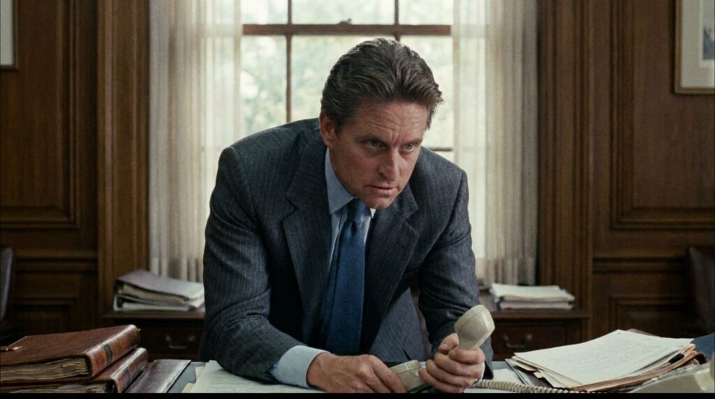 Michael Douglas in a scene from one of his iconic films like Wall Street