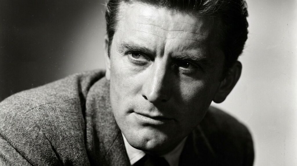Archival photo of a younger Kirk Douglas in a classic film pose