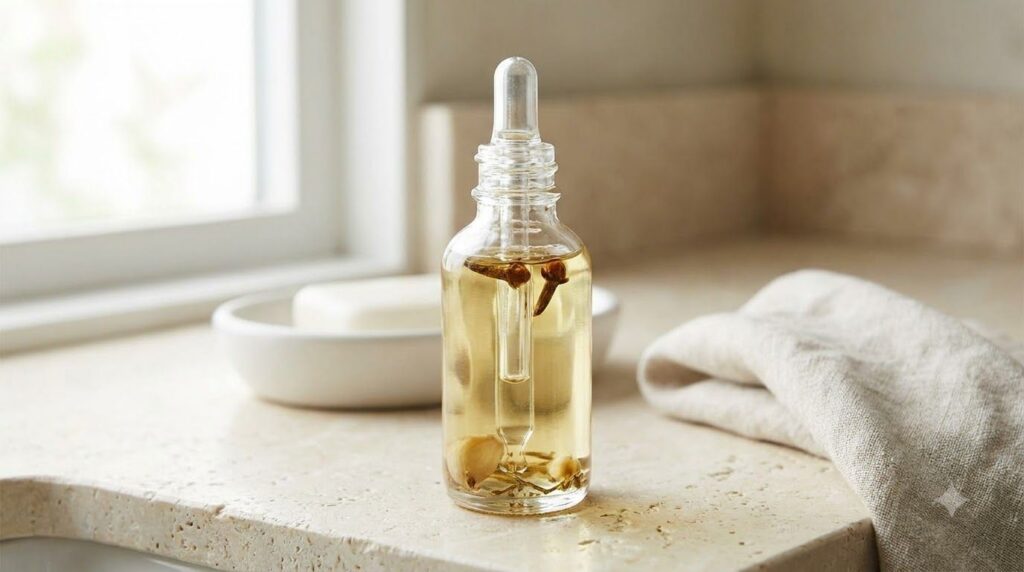 A small glass bottle of homemade garlic hair oil on a clean counter ready for use