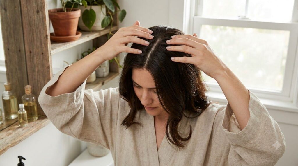 A woman gently massaging the garlic hair oil into her scalp with her fingertips