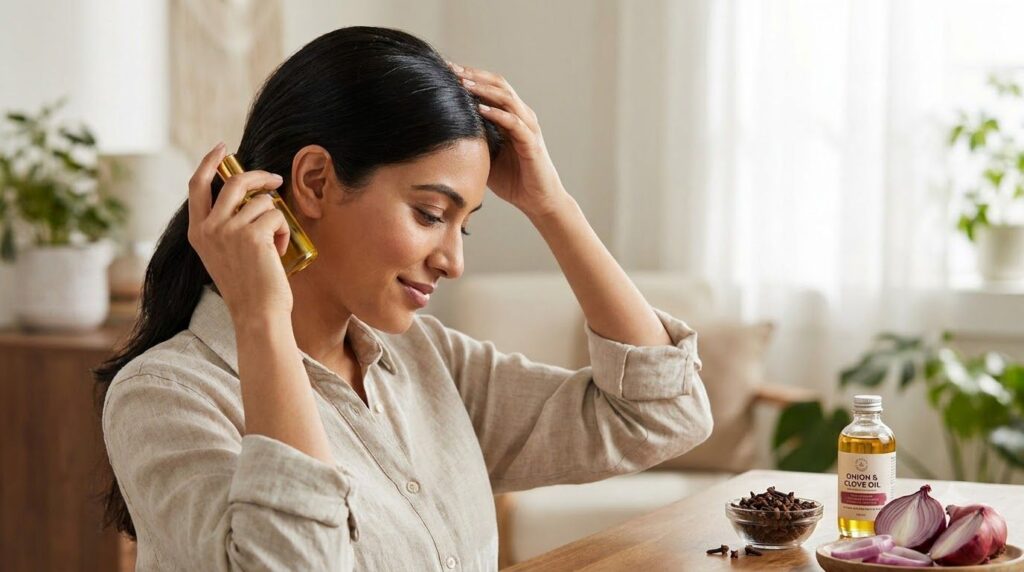 A woman gently massaging onion and clove infused oil into her scalp demonstrating the application process with healthy s