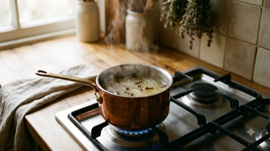 A small saucepan on a stovetop with onion juice whole cloves and carrier oil gently simmering illustrating the infusion 