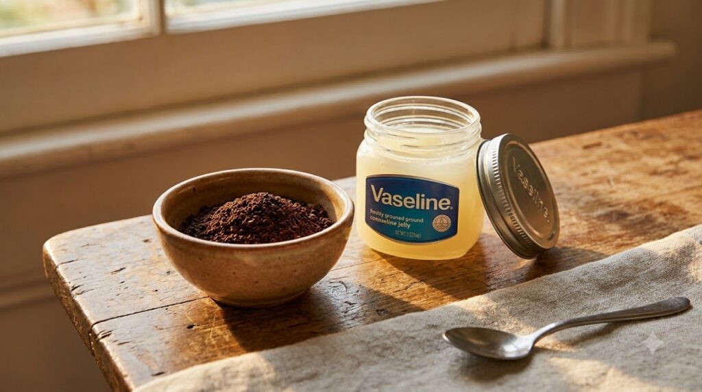 A small bowl containing freshly ground coffee next to a jar of Vaseline ready to be mixed for a beauty remedy with warm 