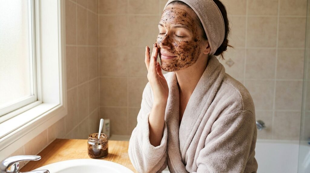 A woman gently applying the homemade Vaseline and coffee ground mask to her face eyes closed with a soft relaxed express