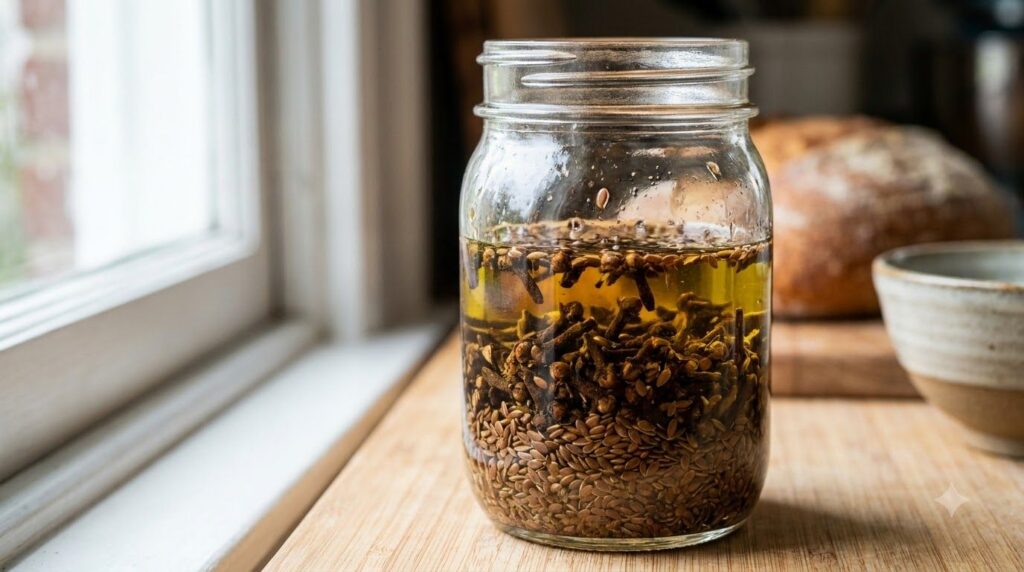 Close-up of a glass jar with cloves and flax seeds infusing in a carrier oil on a kitchen counter