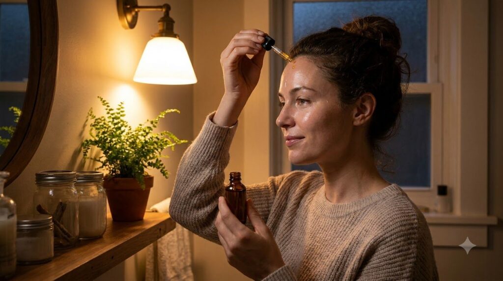 A woman gently applying a few drops of facial oil to her clean face before bed