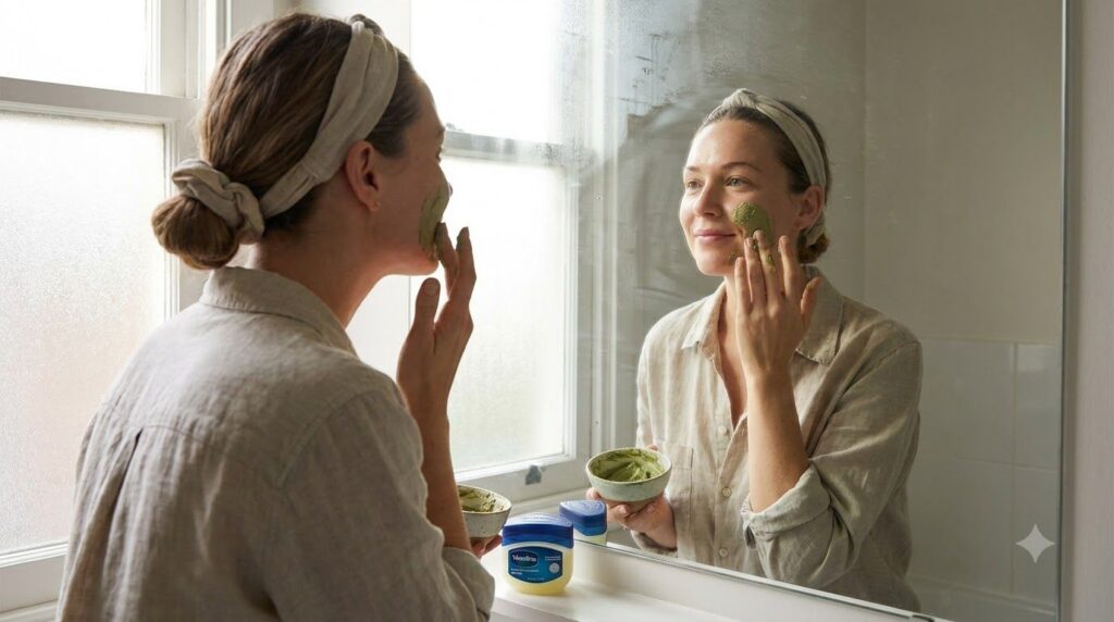 A woman applying the okra and Vaseline mask to her clean face in a brightly lit bathroom looking in a mirror with a gent