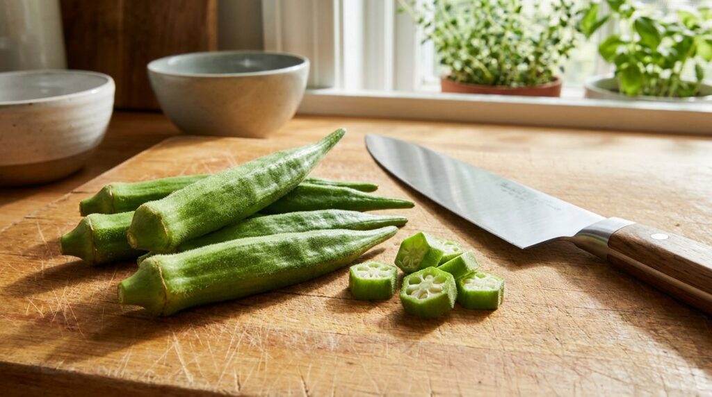 Close-up of a bowl of fresh raw okra pods on a wooden cutting board with a knife nearby illustrating the fresh ingredien
