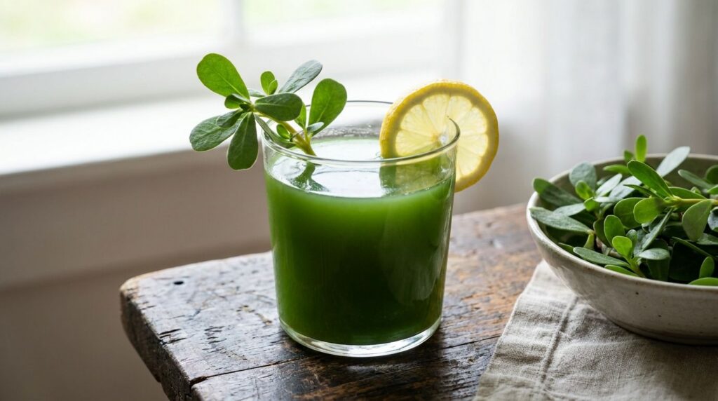 A glass of vibrant green purslane drink garnished with a fresh sprig of purslane and a lemon slice on a rustic wooden ta