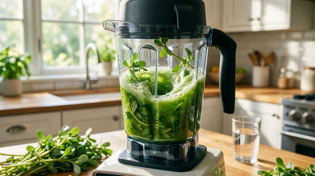 A blender filled with fresh common purslane and water mid-blend with green liquid swirling