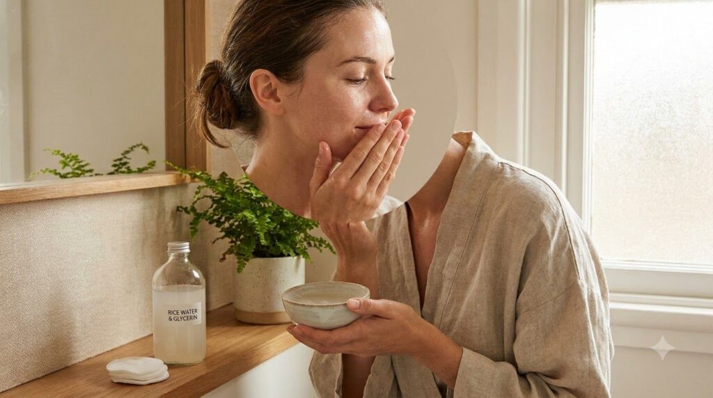 A woman gently patting the rice water and glycerin mixture onto her clean face with her hands showcasing a fresh and nat