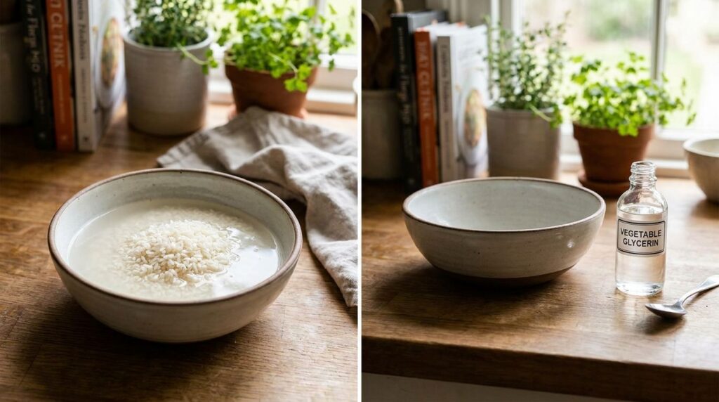 Two bowls containing the simple ingredients one with uncooked white rice soaking in water and another with a small bottl