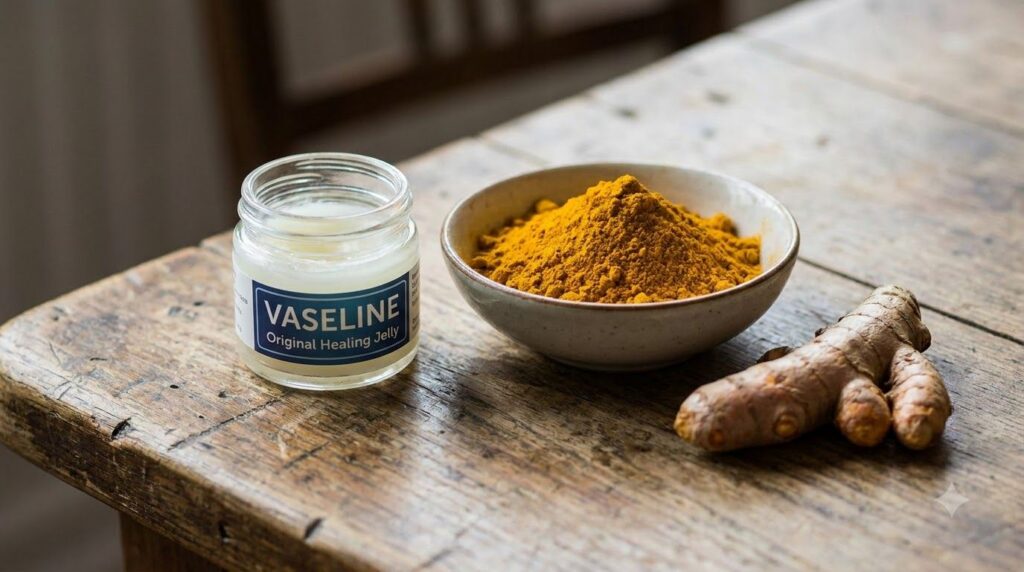 A small glass jar of Vaseline Original Healing Jelly next to a bowl of yellow turmeric powder and a fresh turmeric root 