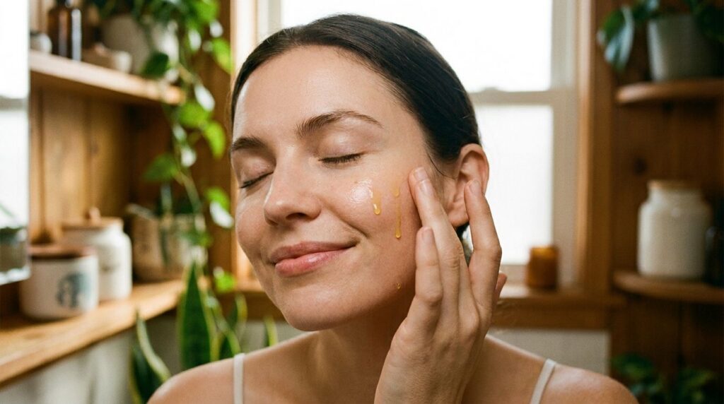 A person gently applying a few drops of the DIY collagen oil to their clean face massaging it in with soft circular moti