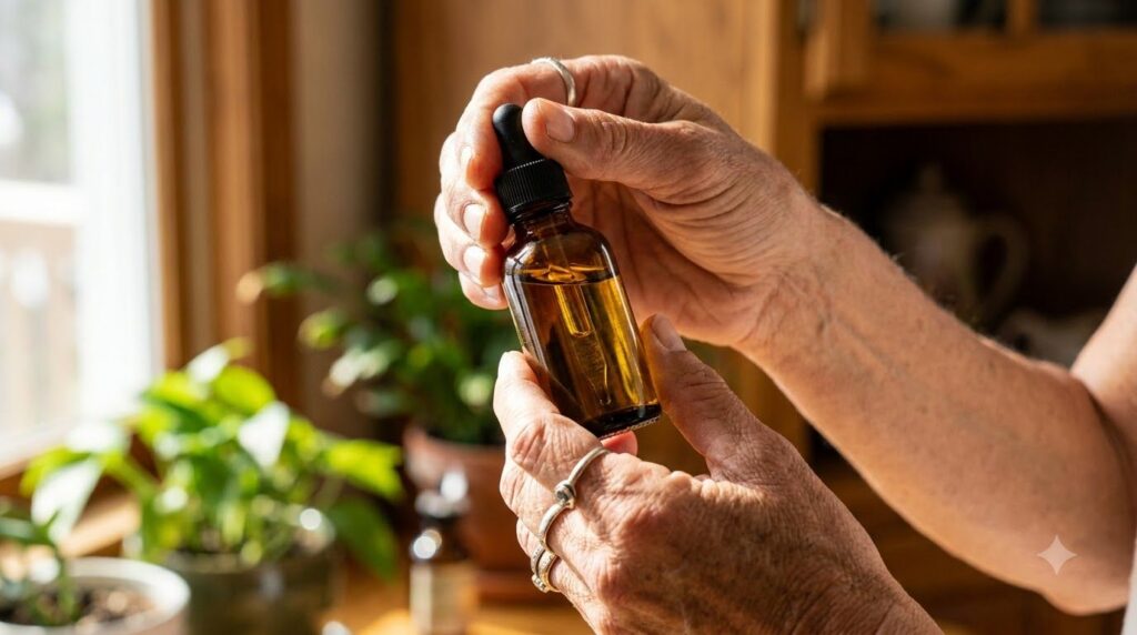 A person s hands gently shaking a small dark glass dropper bottle containing the freshly mixed collagen oil with a soft 
