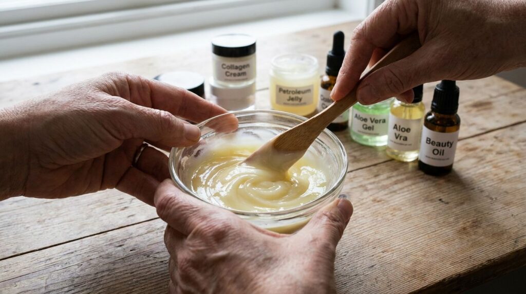 Hands mixing the ingredients for the DIY skin repair collagen cream in a small bowl showing the creamy texture forming