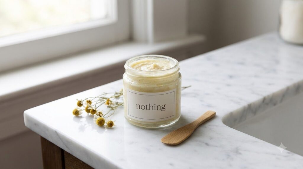 A small glass jar of the finished DIY skin repair collagen cream on a clean white surface ready for use with soft pleasi