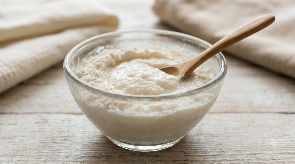 A small glass bowl containing a creamy smooth paste made from white rice powder and water ready for application