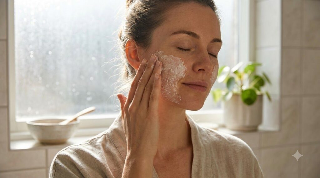 A woman gently applying a white rice powder mask to her face with her fingertips her eyes closed in a serene expression 