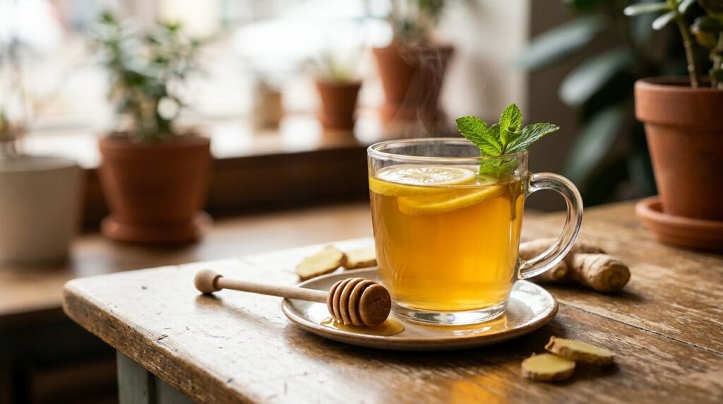 A clear glass mug filled with golden ginger tea with lemon slices and a honey dipper on the side on a warm wooden surfac