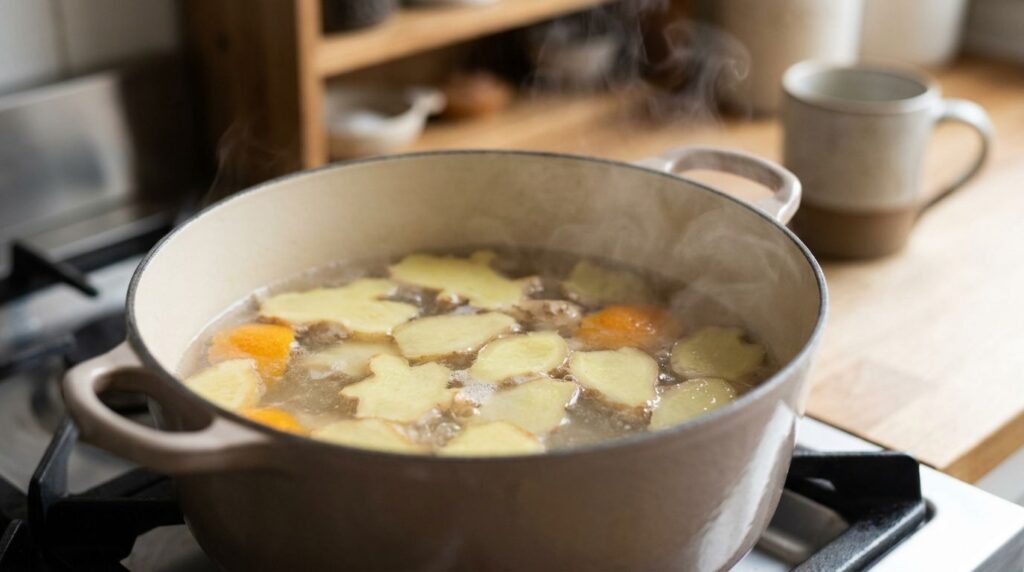 A pot simmering with sliced ginger in water on a stovetop steam gently rising