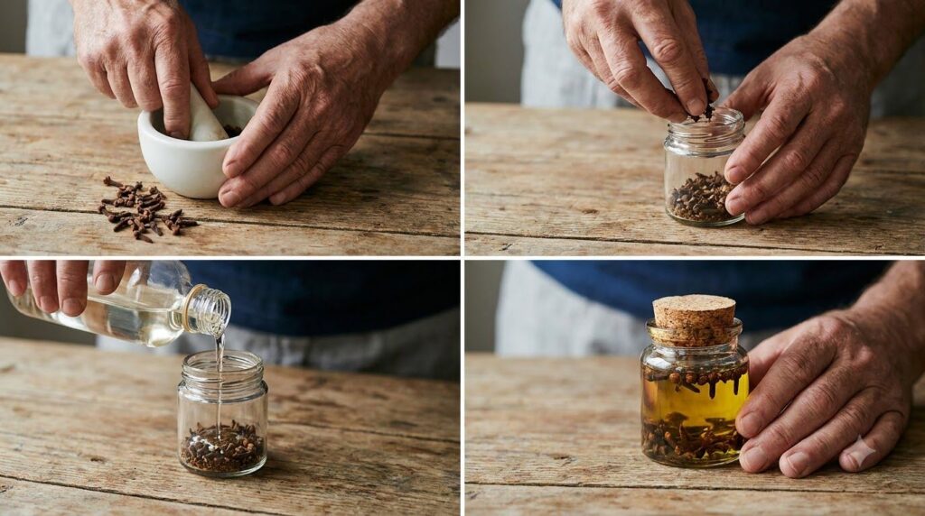 Close-up of hands crushing cloves and adding them to a small jar with baby oil for infusion
