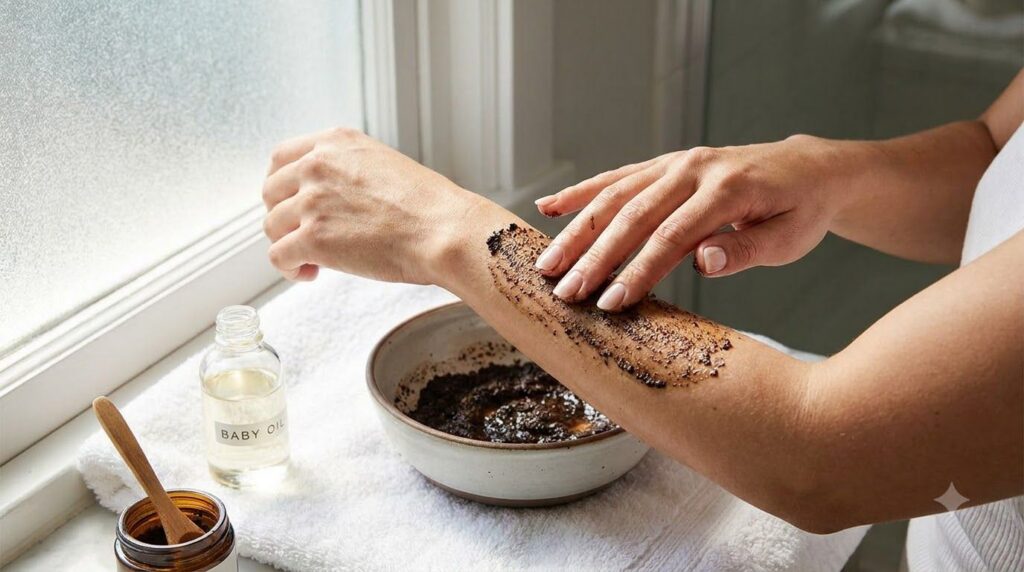 A woman gently massaging a DIY coffee and baby oil scrub onto her arm showing the exfoliating process