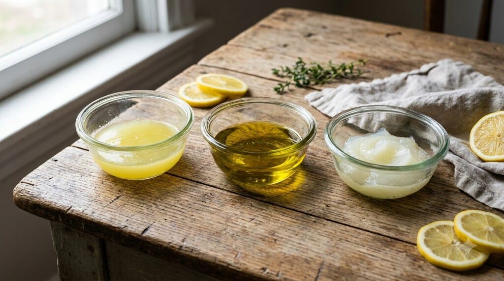 Three small bowls containing lemon juice olive oil and Vaseline separately on a rustic wooden surface