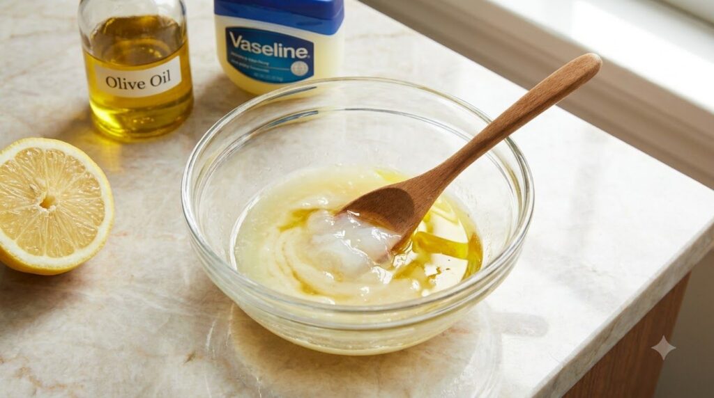 Small bowl with lemon juice olive oil and Vaseline being mixed into a creamy paste