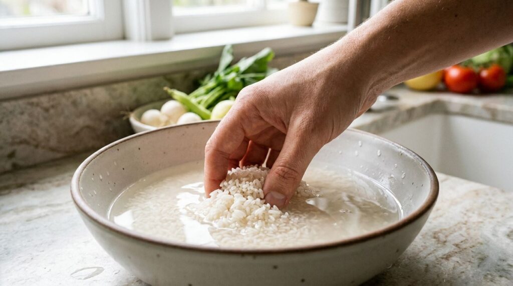 A close-up shot of a bowl of white rice soaking in clear water with a hand gently stirring it