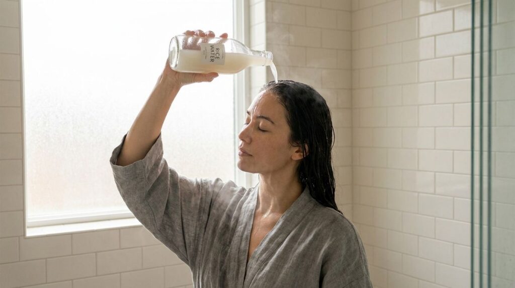 A woman gently pouring rice water from a bottle over her hair and scalp in a shower setting