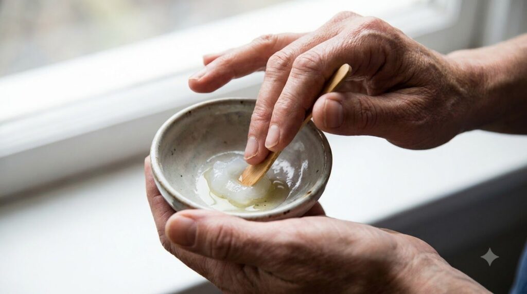 Someone mixing Vaseline and baby oil in a small dish with a spatula or clean finger