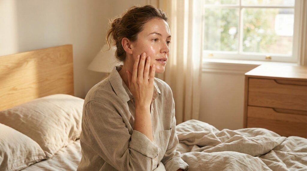 A woman waking up with visibly dewy and smooth skin reflecting light with a soft natural glow