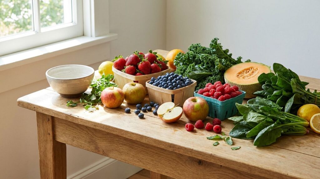 An assortment of fresh colorful fruits and vegetables some known for high fiber and others for lower fiber arranged appe
