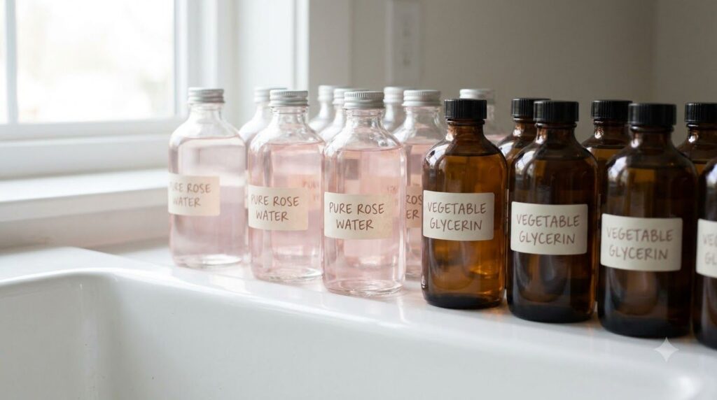 Ingredients for glass skin DIY a bottle of rose water and a bottle of vegetable glycerin on a clean white surface