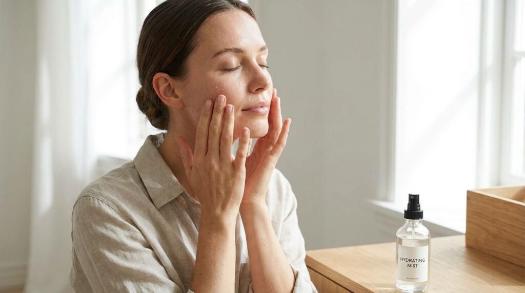 A woman gently patting a hydrating mist into her clean face as part of her skincare routine