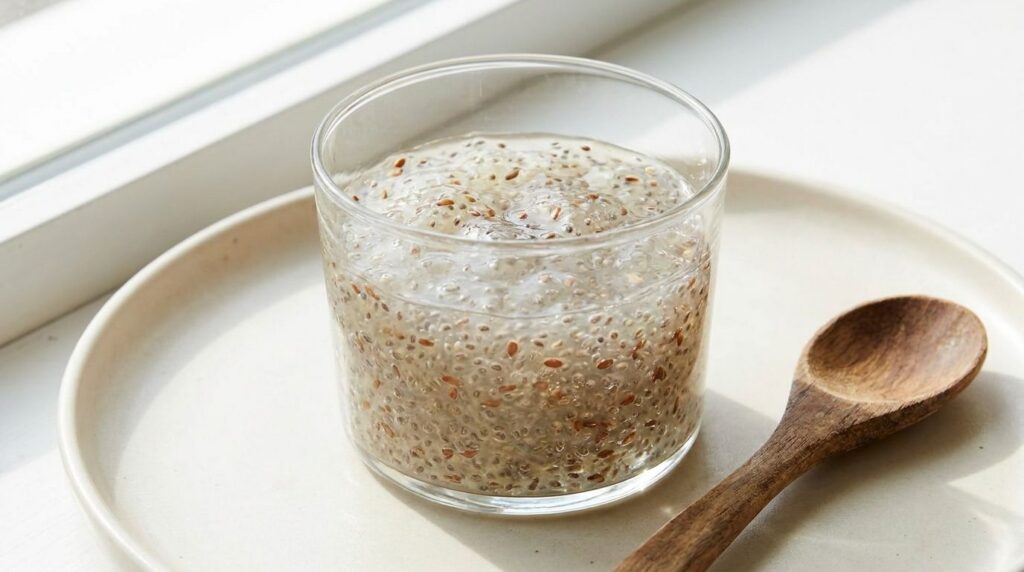 A clear glass with the prepared seed-based drink or gel showing its consistency perhaps with a spoon