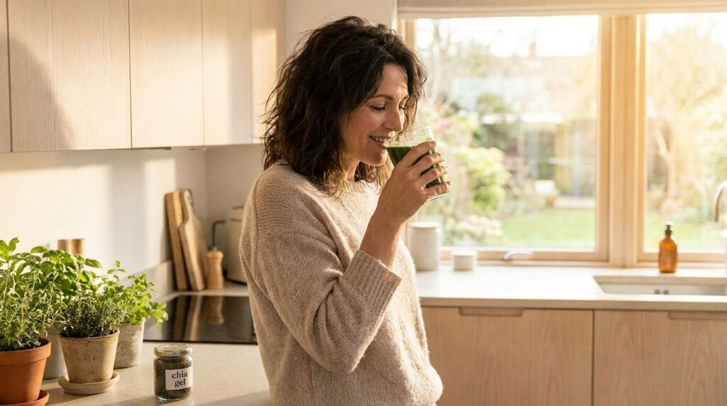 A woman smiling and drinking a smoothie containing the seed gel illustrating the internal use for skin health