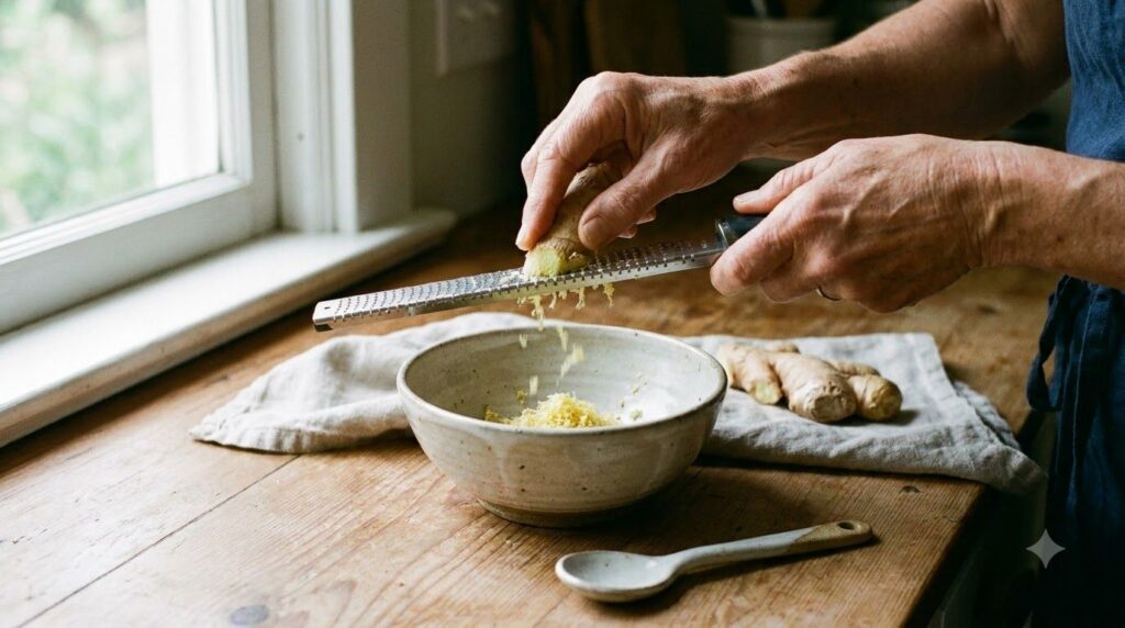 A close-up of a person s hands grating fresh ginger root into a bowl with steam gently rising suggesting the preparation