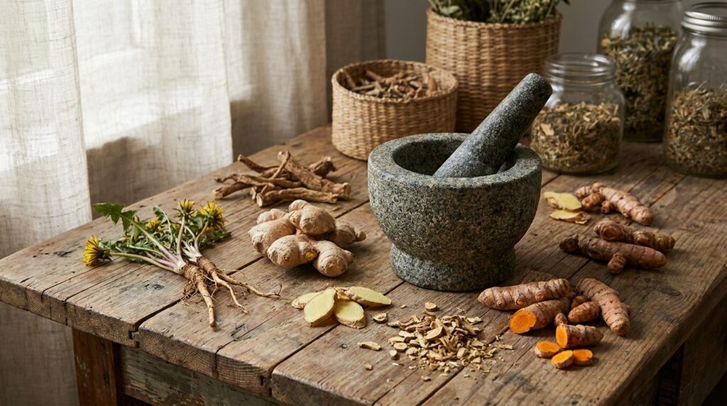 Various dried and fresh roots along with a small mortar and pestle highlighting traditional preparation methods and the 