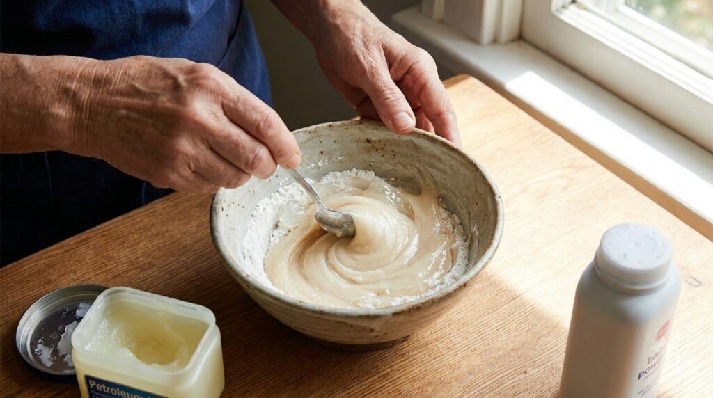 A close-up of hands mixing baby powder and Vaseline in a small white bowl with a spoon forming a smooth paste