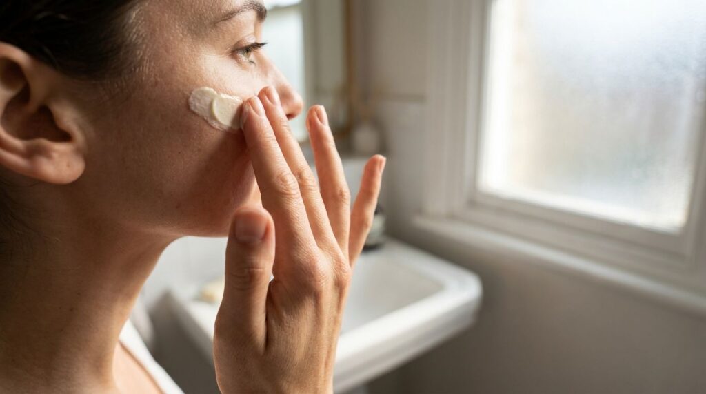 A person gently applying the baby powder and Vaseline paste to their cheek avoiding the eye area