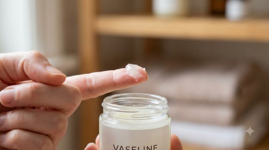 A small clear jar of Vaseline with a clean fingertip taking a small amount emphasizing hygiene and careful application