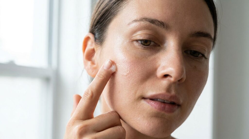 A woman gently applying a small amount of Vaseline to her cheekbone for a dewy glowing effect with soft natural light hi